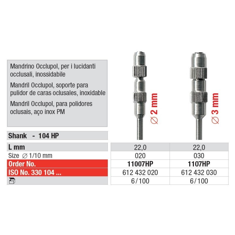 Occlupol mandrel for occlusal surface polisher.