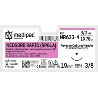 Surgical needle 3/8 (19mm / reverse cutting) with rapid absorbable "Neosorb rapid" (75cm)