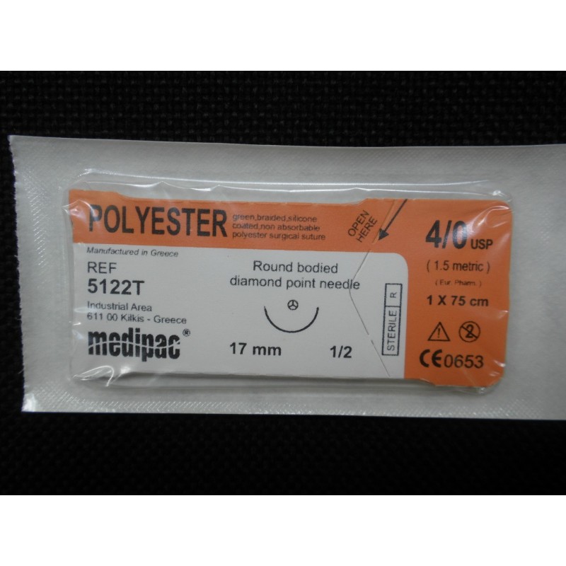Surgical needle 1/2 (17 mm, round bodied diomond point) with suture "Polyester" (75 cm) Surgical needle 1/2 (17 mm, round bodied diomond point) with suture "Polyester" (75 cm)