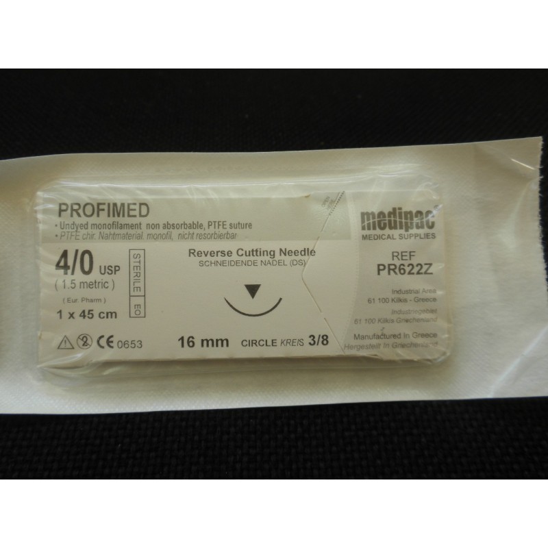 Surgical needle 3/8 (16 mm, reverse cutting) with PTFE suture "Profimed" (45 cm) Surgical needle 3/8 (16 mm, reverse cutting) with PTFE suture "Profimed" (45 cm)