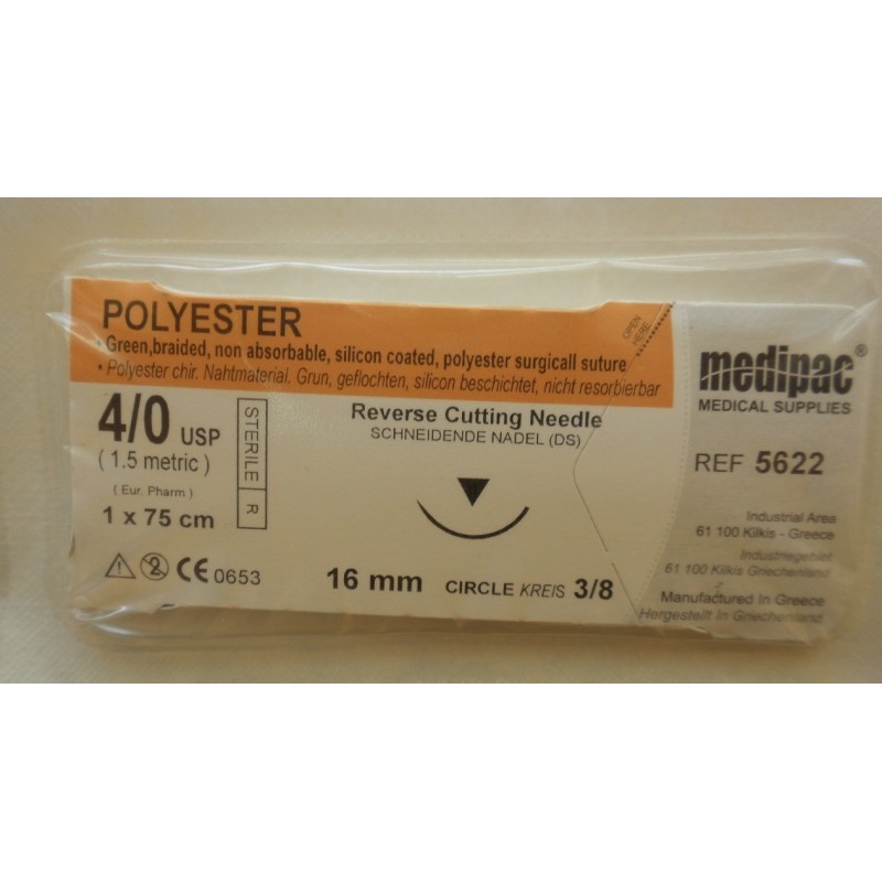 Surgical needle 3/8 (16mm / reverse cutting) with suture "Polyester" 4/0 (75cm) Surgical needle 3/8 (16mm / reverse cutting) with suture "Polyester" 4/0 (75cm)