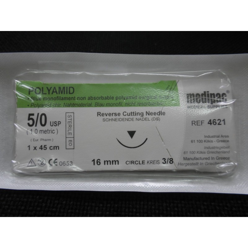 Surgical needle 3/8 (16mm / reverse cutting) with monofilament suture "Polyamid" (45cm) Surgical needle 3/8 (16mm / reverse cutting) with monofilament suture "Polyamid" (45cm)