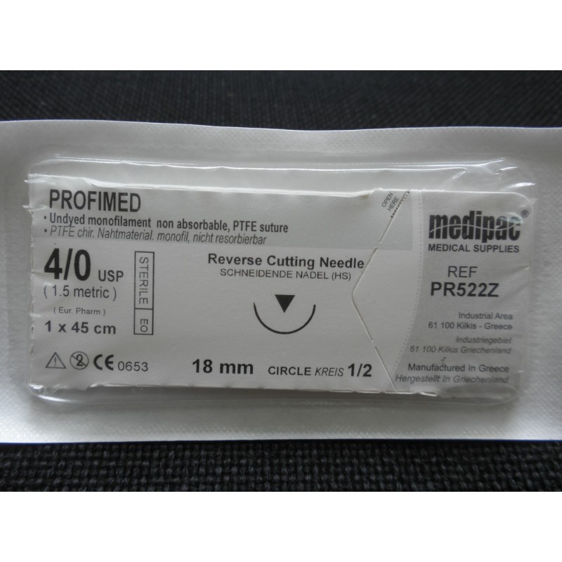 Surgical needle 1/2 (18 mm, reverse cutting) with PTFE suture "Profimed" 4/0 (45 cm) Surgical needle 1/2 (18 mm, reverse cutting) with PTFE suture "Profimed" 4/0 (45 cm)