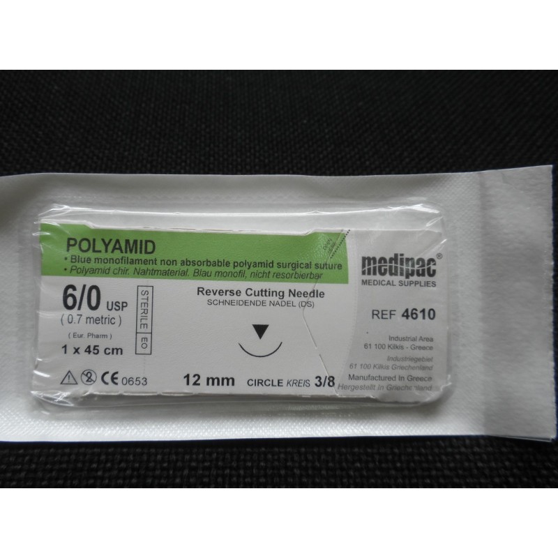 Surgical needle 3/8 (12mm / reverse cutting) with monofilament suture "Polyamid" 6/0 (45cm)