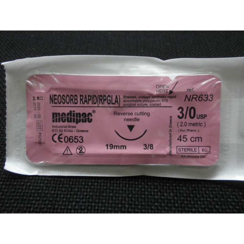 Surgical needle 3/8 (19mm / reverse cutting) with rapid absorbable suture "Neosorb rapid" 3/0 (45cm) Surgical needle 3/8 (19mm / reverse cutting) with rapid absorbable suture "Neosorb rapid" 3/0 (45cm)