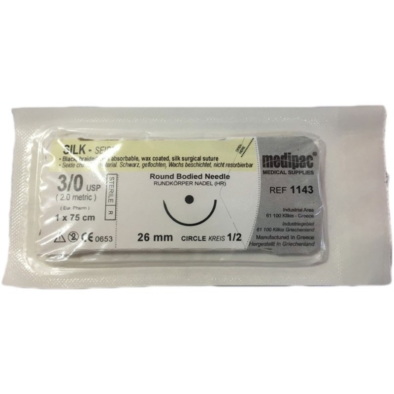 Surgical needle 1/2 (26 mm, round bodied) with suture "Silk" 3/0 (75 cm)