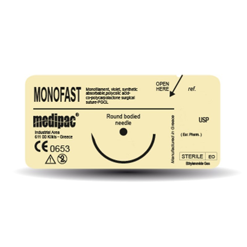Surgical needle 1/2 (12 mm, round bodied) with synthetic absorbable suture "Monofast" 6/0 75 cm (polyglycolic acid)